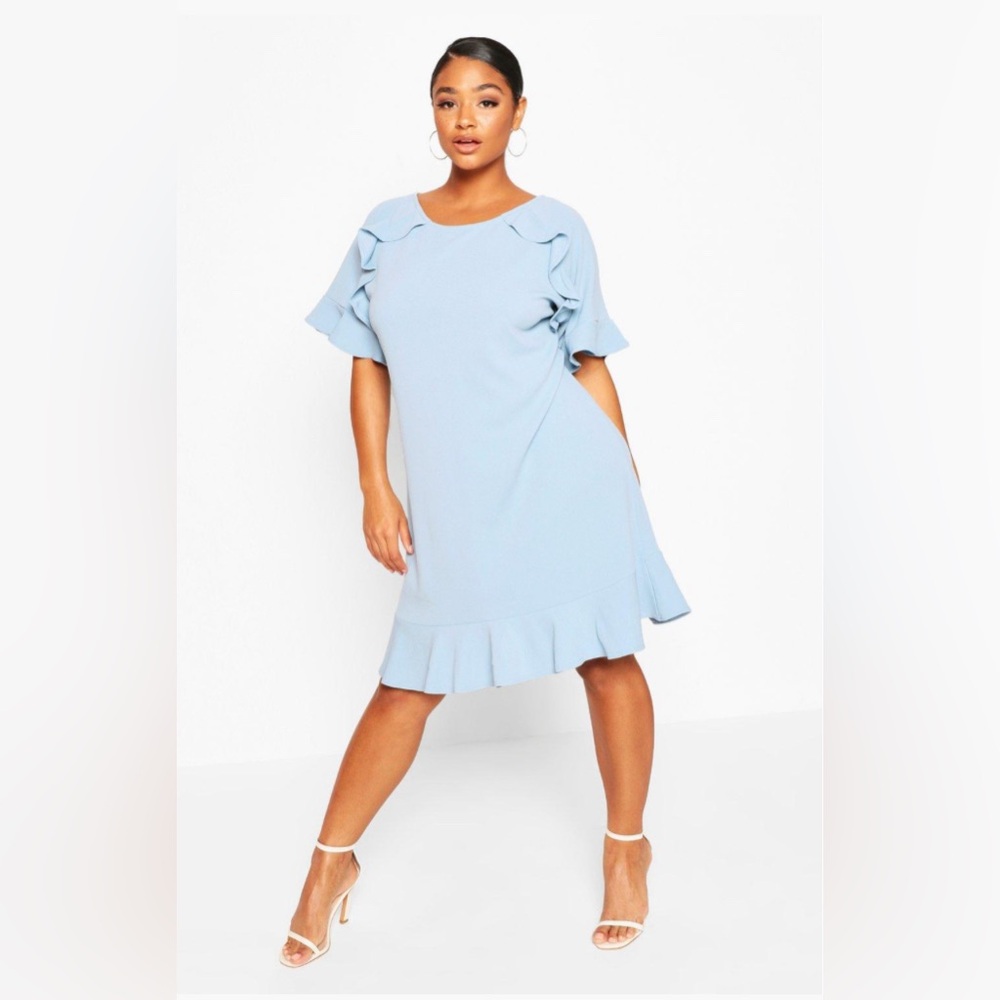 Light Blue Ruffle Sleeve Shift Dress - Women's